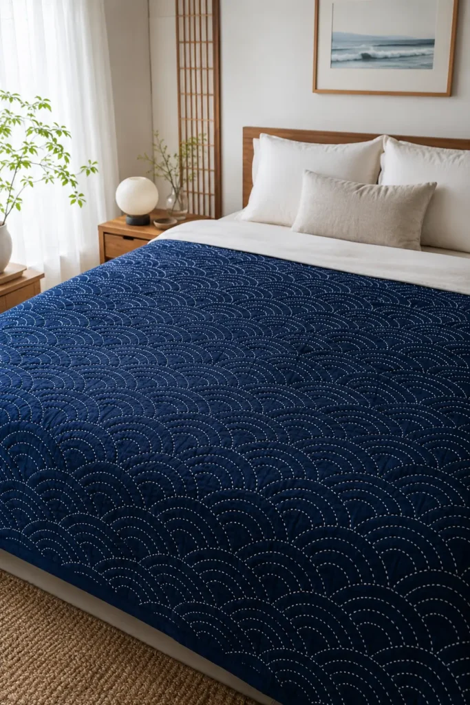 Seigaiha Ocean Wave Sashiko Bed Covers for a Calming Retreat