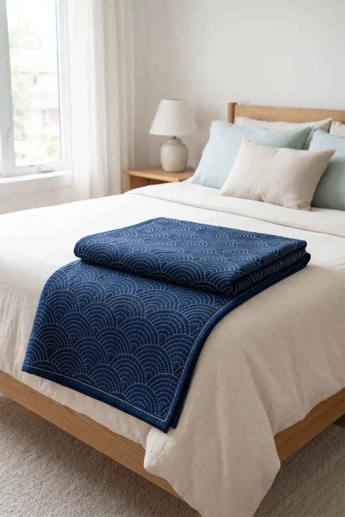 Seigaiha Ocean Wave Sashiko Bed Covers for a Calming Retreat