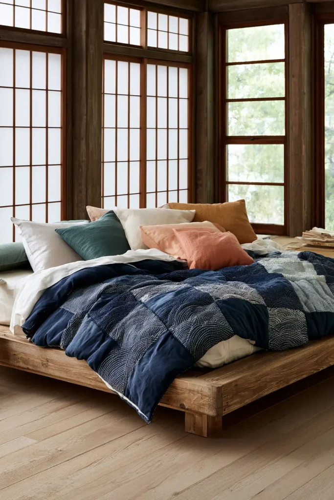 Seigaiha Ocean Wave Sashiko Bed Covers for a Calming Retreat