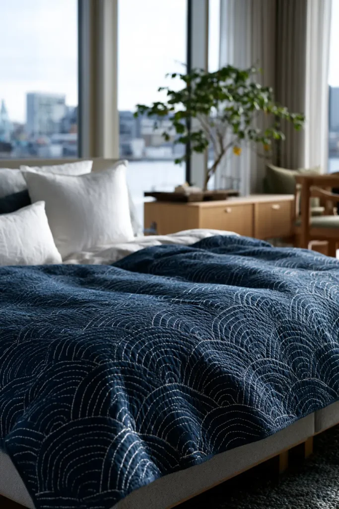 Seigaiha Ocean Wave Sashiko Bed Covers for a Calming Retreat