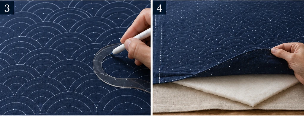 Seigaiha Ocean Wave Sashiko Bed Covers for a Calming Retreat