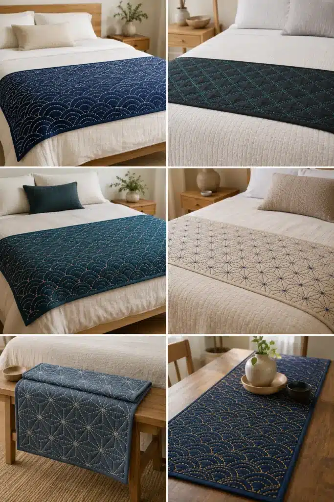 Shonai Sashiko Bed Runners with Timeless Regional Motifs