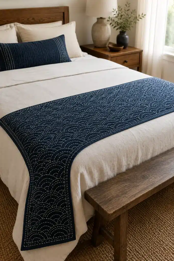 Shonai Sashiko Bed Runners with Timeless Regional Motifs