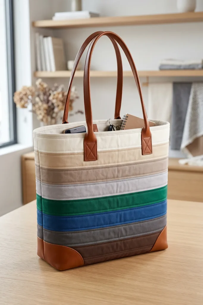 Sophisticated Leather-Accent Jelly Roll Quilt Tote Bags for Elevated Style