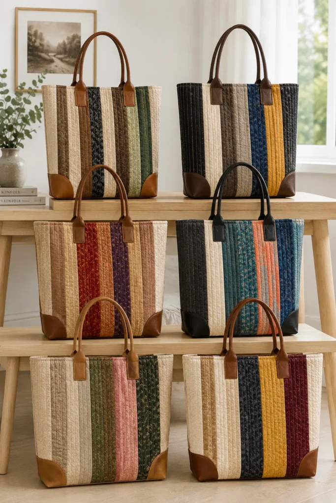 Sophisticated Leather-Accent Jelly Roll Quilt Tote Bags for Elevated Style