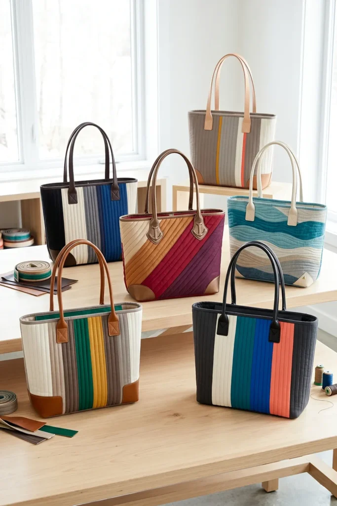 Sophisticated Leather-Accent Jelly Roll Quilt Tote Bags for Elevated Style