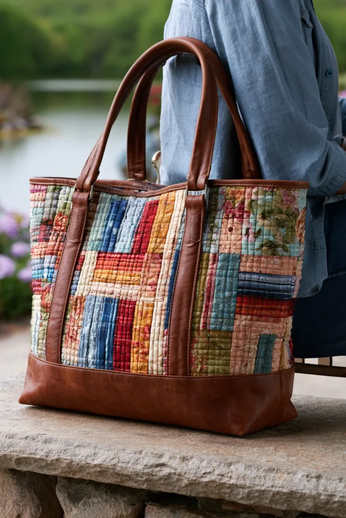 Sophisticated Leather-Accent Jelly Roll Quilt Tote Bags for Elevated Style