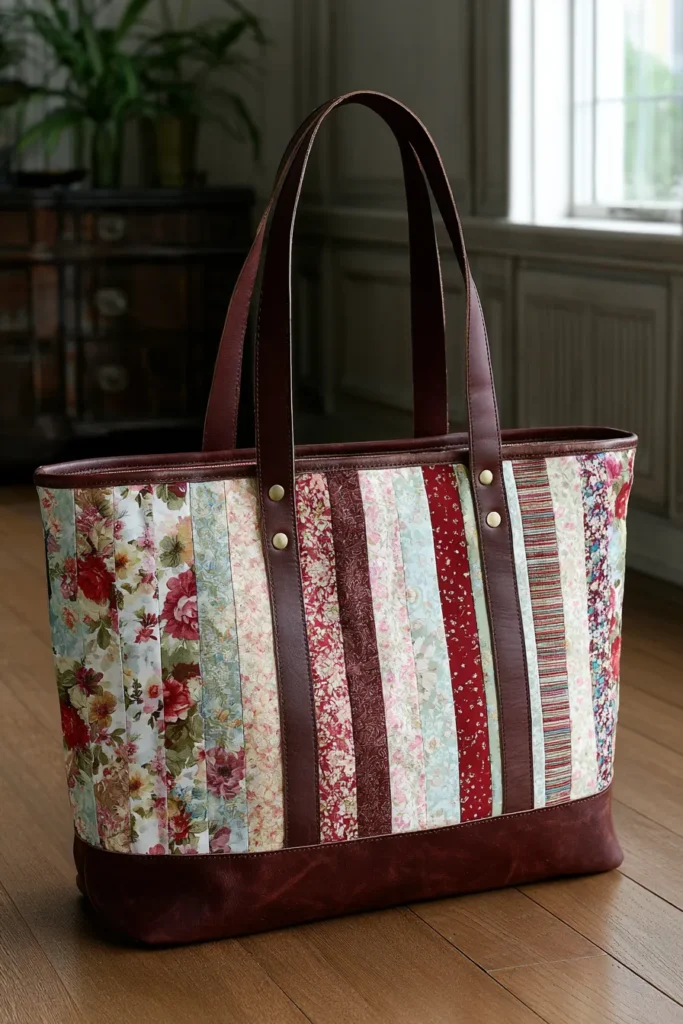Sophisticated Leather-Accent Jelly Roll Quilt Tote Bags for Elevated Style