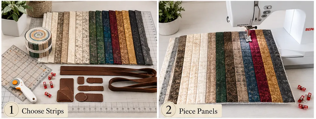 Sophisticated Leather-Accent Jelly Roll Quilt Tote Bags for Elevated Style