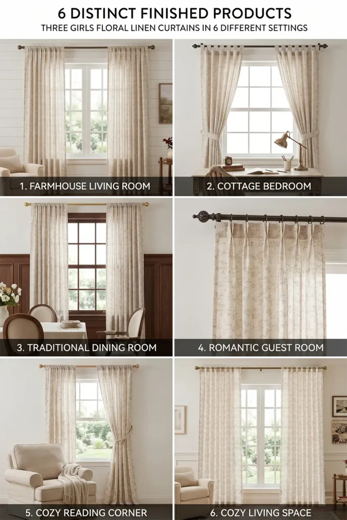 THREE GIRLS Floral Linen Curtains 84 Inches