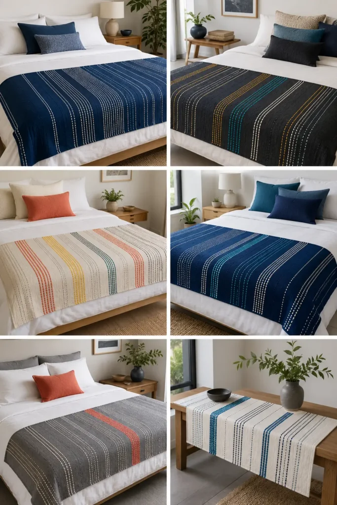 Tate-Jima Vertical Stripe Sashiko Bed Runners for Modern Style