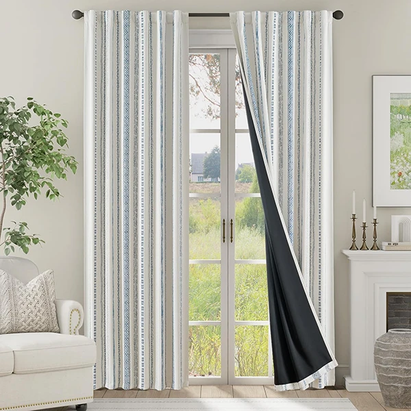jinchan Blue Printed on Beige Blackout Curtains