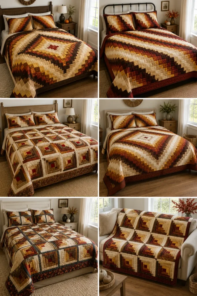Classic Log Cabin Quilt Patterns in Warm Harvest Colors