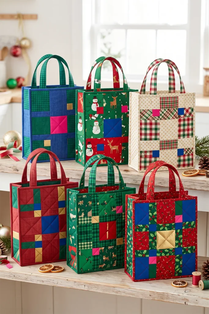 Classic Patchwork Quilted Christmas Gift Bags