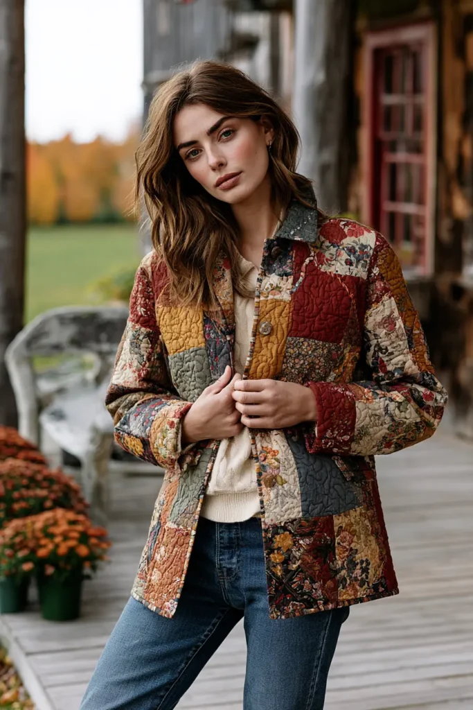 Classic Patchwork Quilted Jacket in Warm Farmhouse Tones
