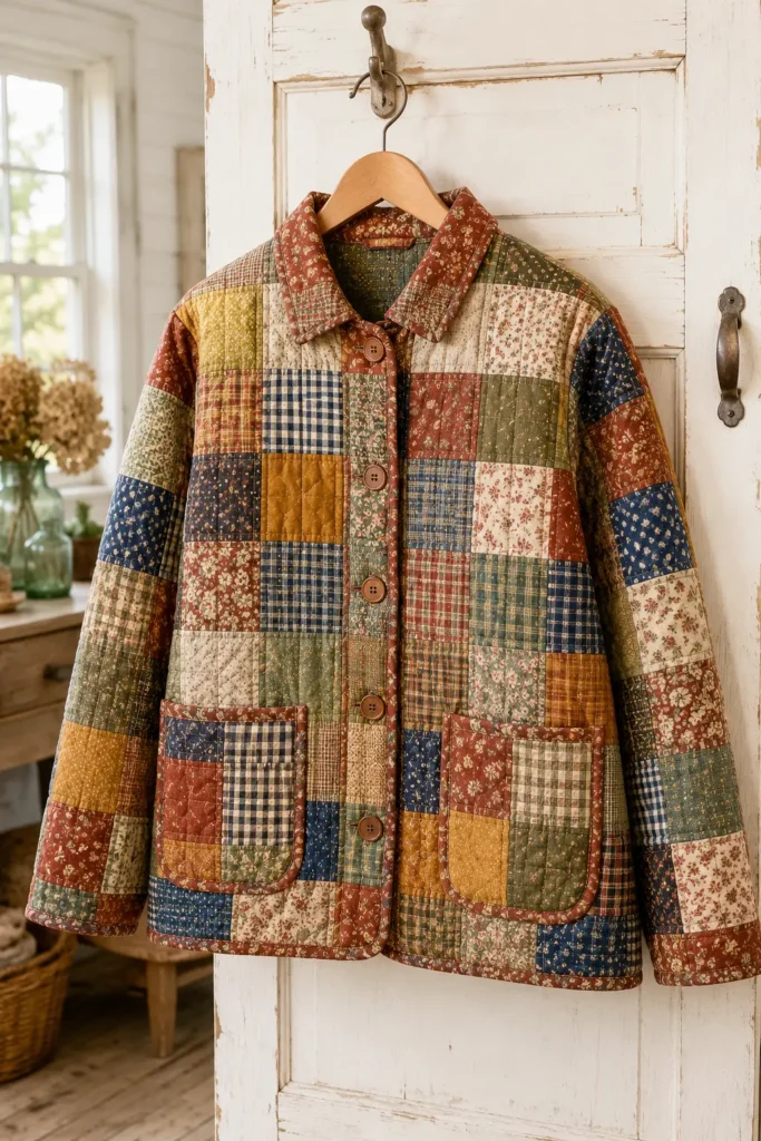 Classic Patchwork Quilted Jacket in Warm Farmhouse Tones