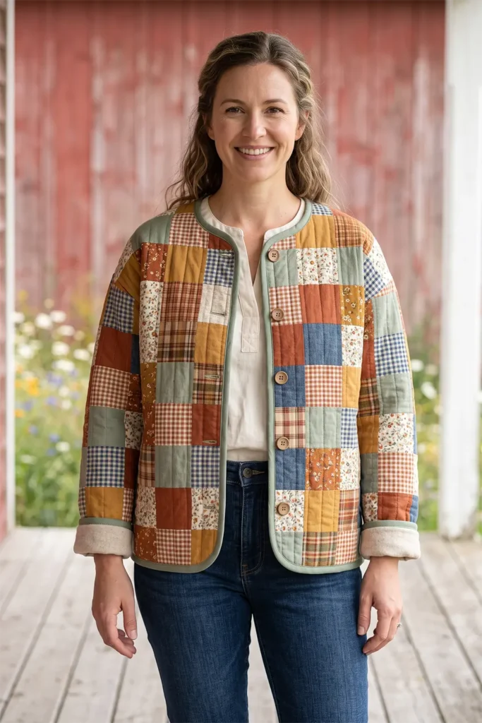 Classic Patchwork Quilted Jacket in Warm Farmhouse Tones