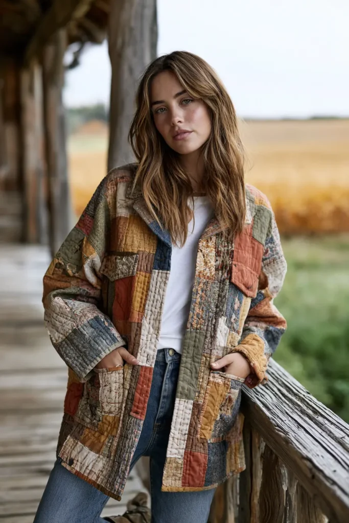 Classic Patchwork Quilted Jacket in Warm Farmhouse Tones