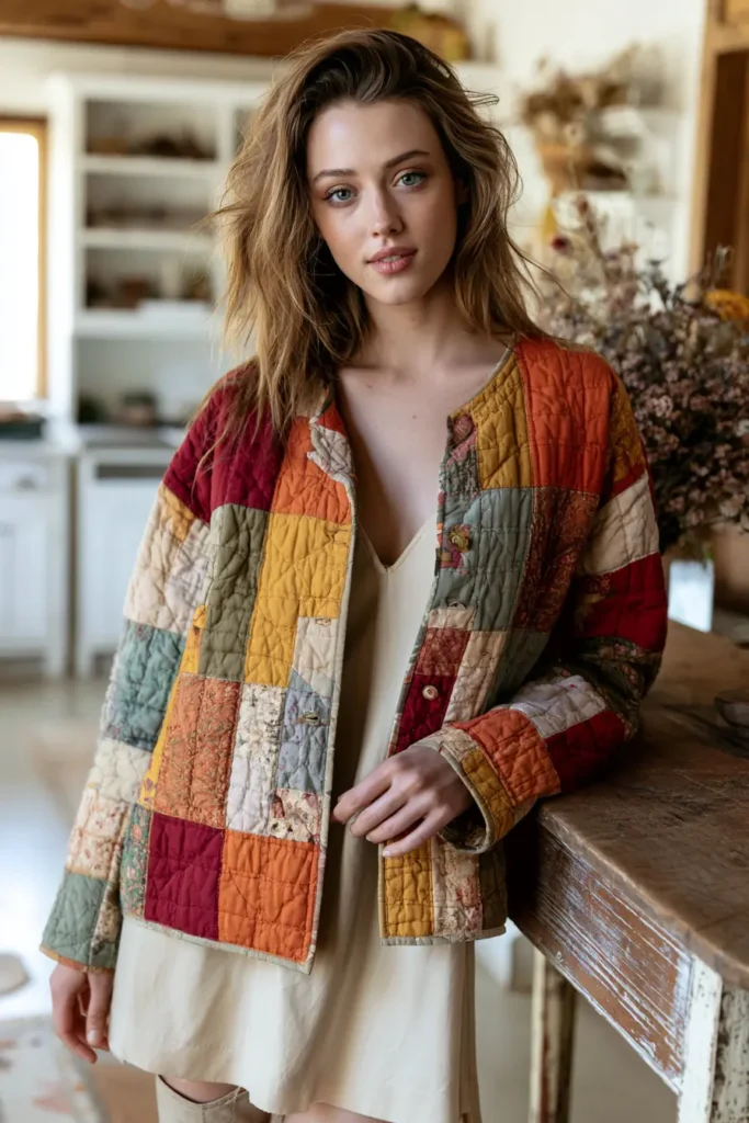 Classic Patchwork Quilted Jacket in Warm Farmhouse Tones