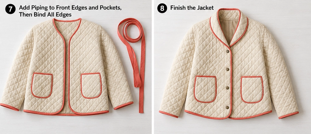 Contrast-Bound Quilted Jacket with Bold Piping for Playful Nordic Charm