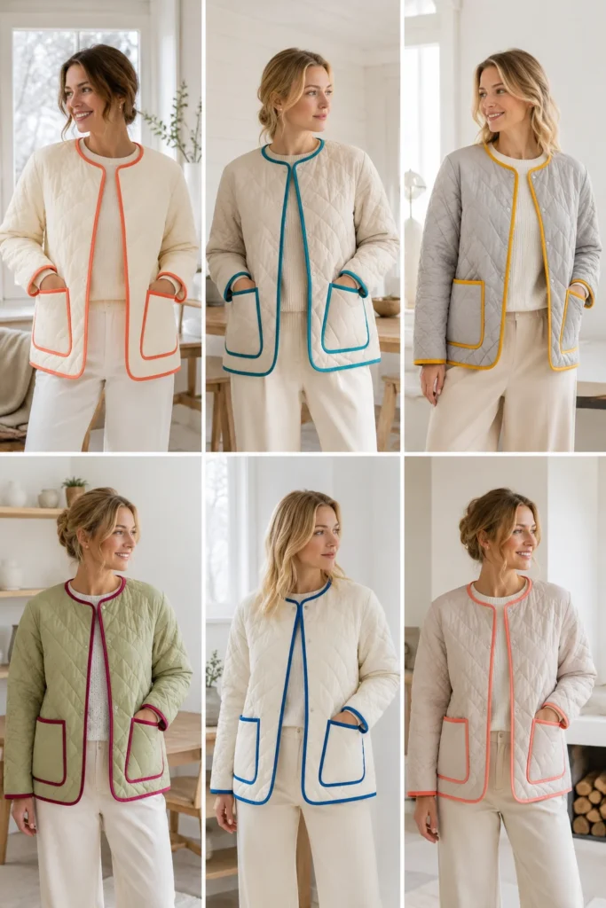 Contrast-Bound Quilted Jacket with Bold Piping for Playful Nordic Charm