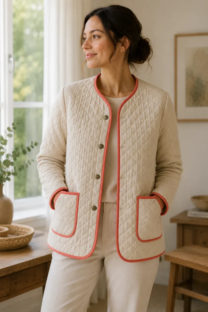 Contrast-Bound Quilted Jacket with Bold Piping for Playful Nordic Charm