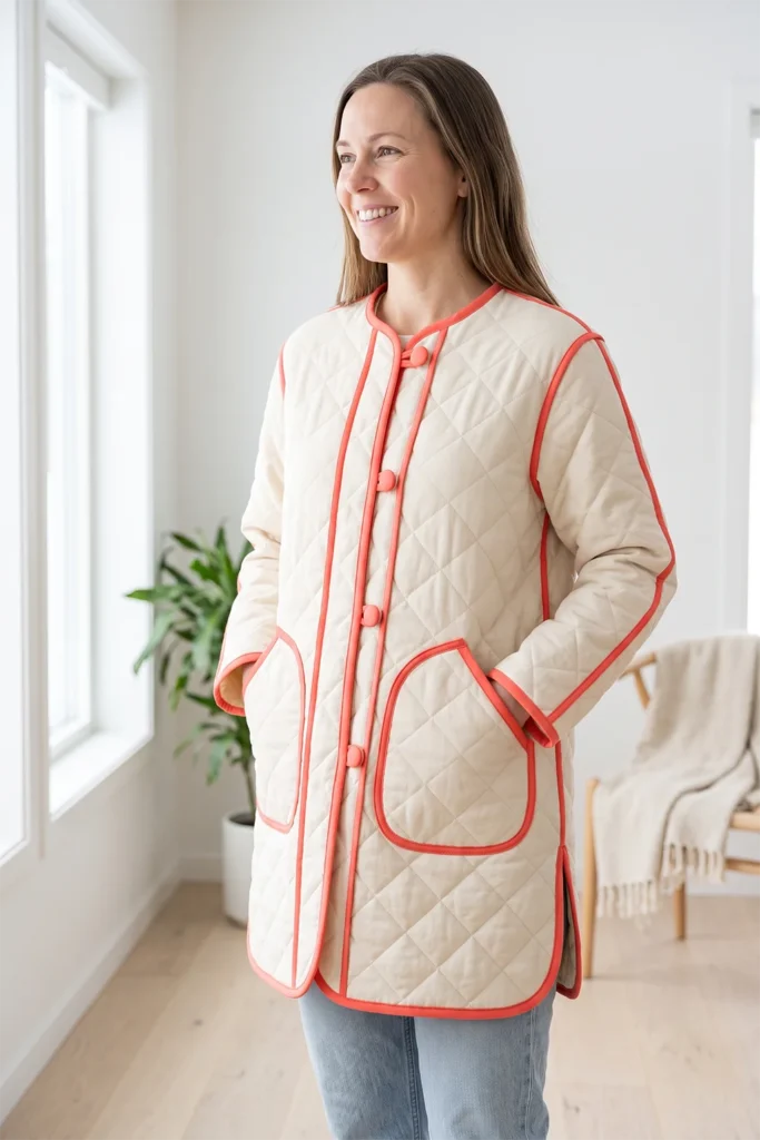 Contrast-Bound Quilted Jacket with Bold Piping for Playful Nordic Charm