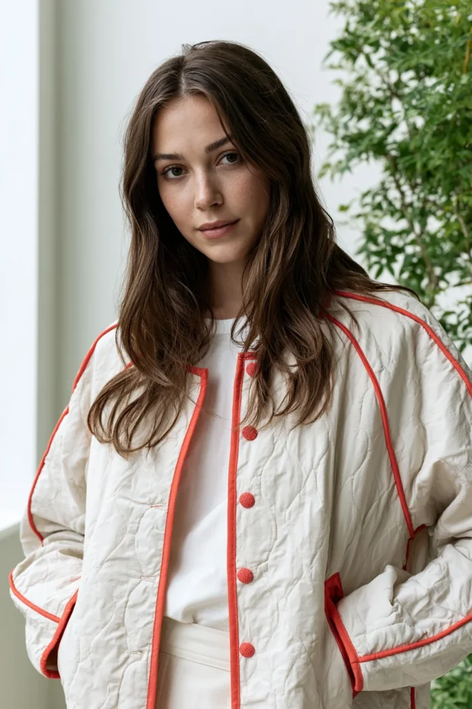 Contrast-Bound Quilted Jacket with Bold Piping for Playful Nordic Charm