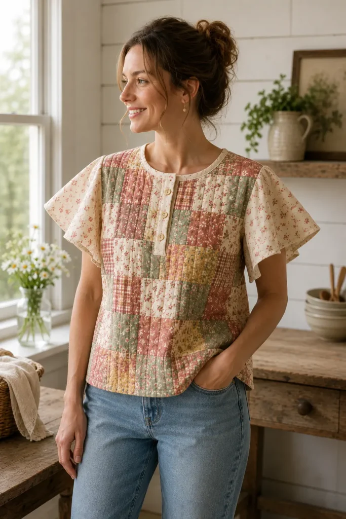 Flutter Sleeve Patchwork Quilt Top for Feminine Farmhouse Elegance