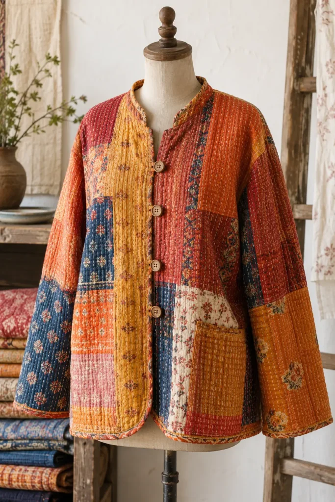 Hand-Stitched Kantha Quilt Jacket with Heirloom Character