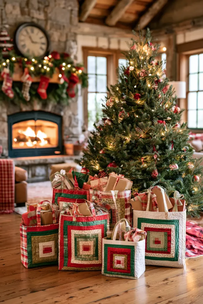Log Cabin Block Quilted Christmas Gift Bags