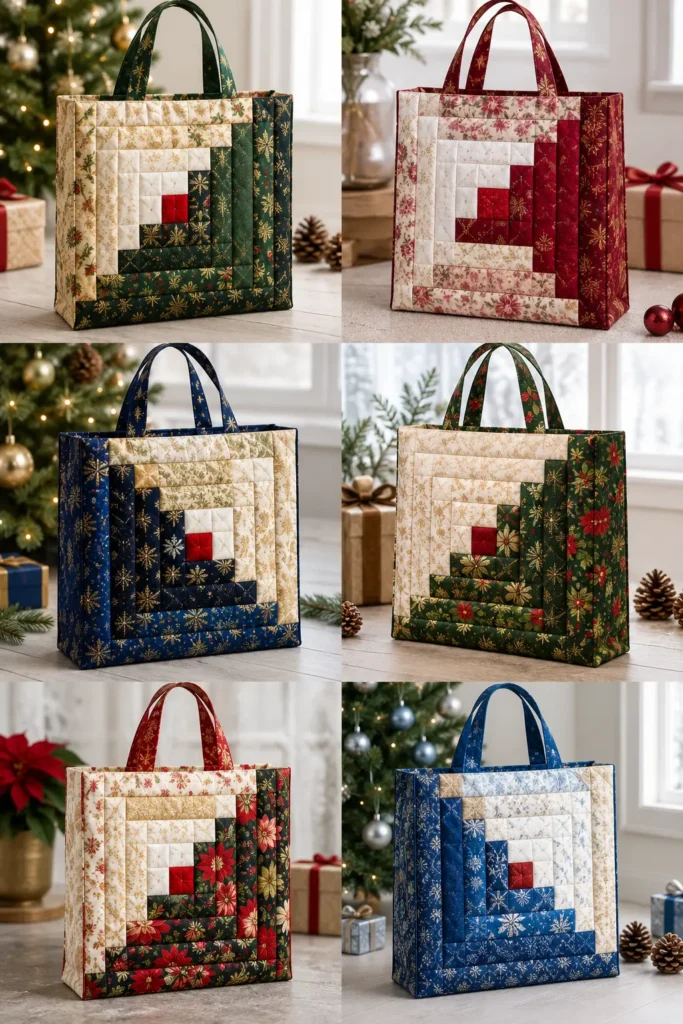 Log Cabin Block Quilted Christmas Gift Bags