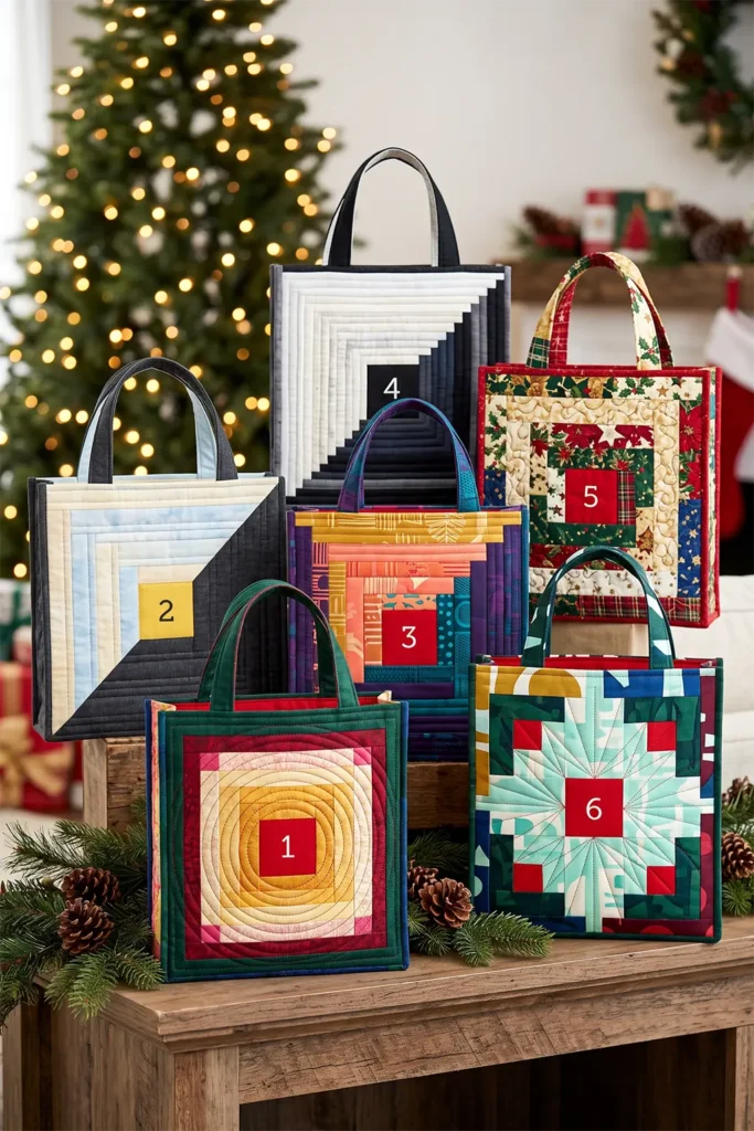 Log Cabin Block Quilted Christmas Gift Bags