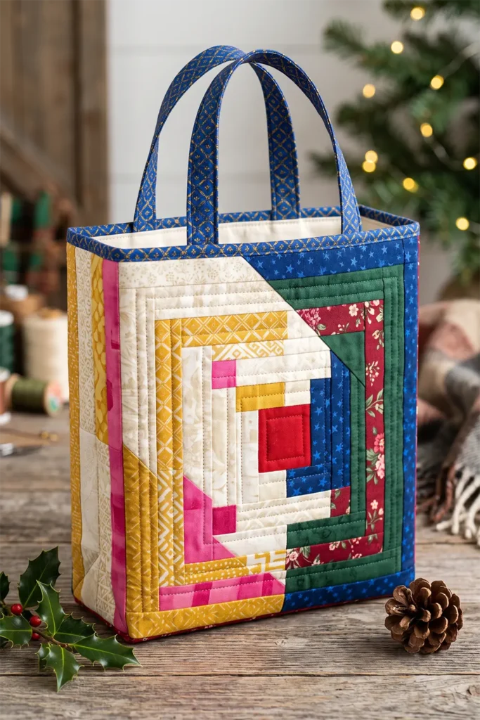 Log Cabin Block Quilted Christmas Gift Bags