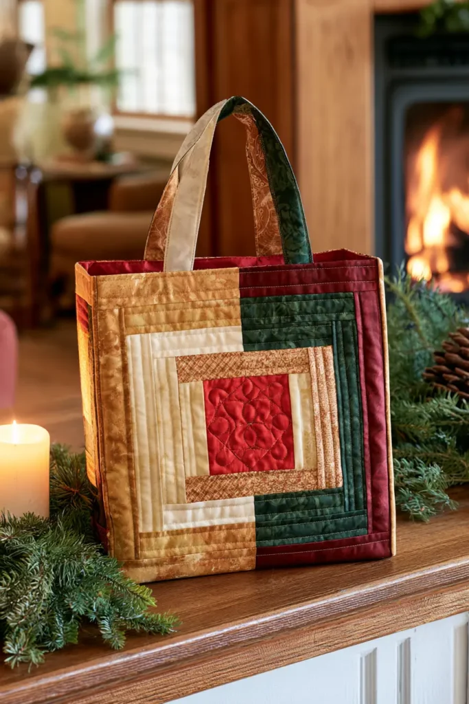 Log Cabin Block Quilted Christmas Gift Bags