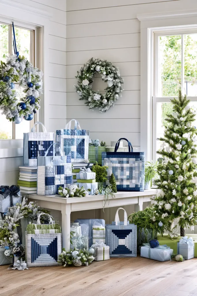 Log Cabin Block Quilted Christmas Gift Bags