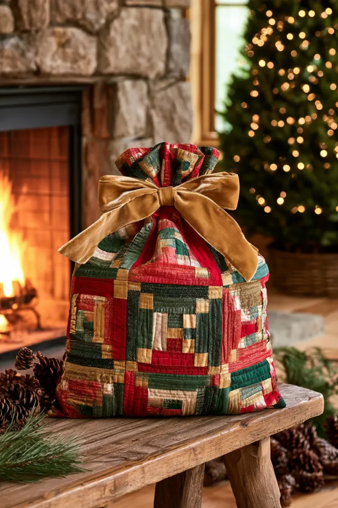 Log Cabin Block Quilted Christmas Gift Bags
