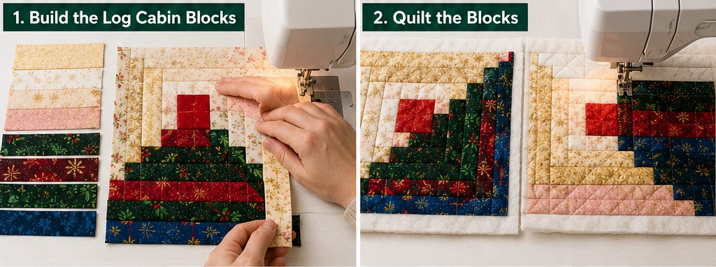 Log Cabin Block Quilted Christmas Gift Bags