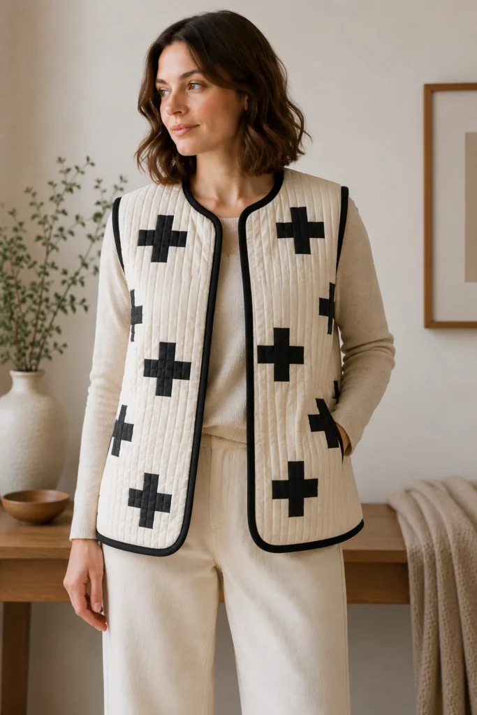 Monochrome Plus-Sign Quilted Vest for Striking Scandi Contrast