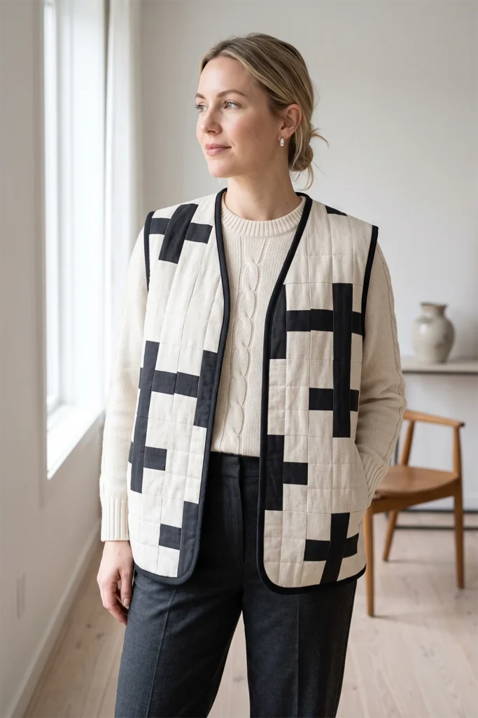 Monochrome Plus-Sign Quilted Vest for Striking Scandi Contrast