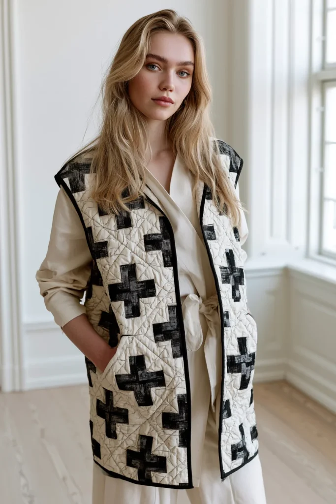 Monochrome Plus-Sign Quilted Vest for Striking Scandi Contrast