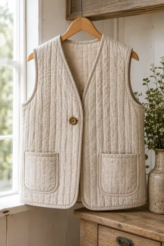 Neutral Linen-Blend Quilted Vest for Everyday Elegance