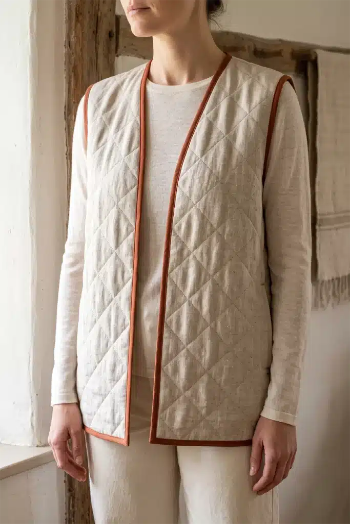 Neutral Linen-Blend Quilted Vest for Everyday Elegance
