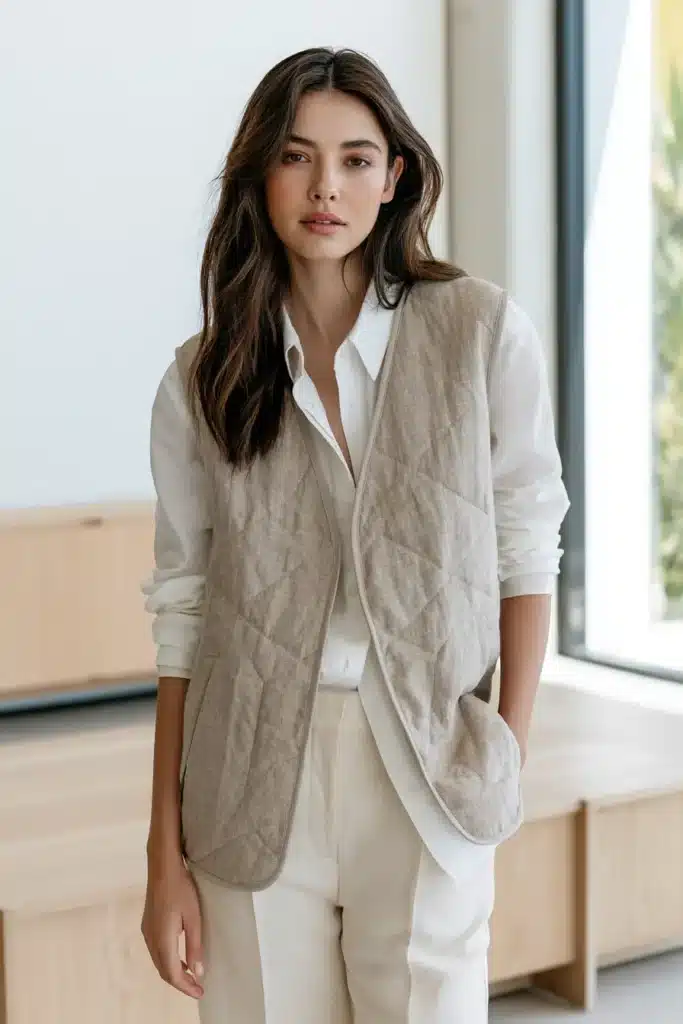 Neutral Linen-Blend Quilted Vest for Everyday Elegance