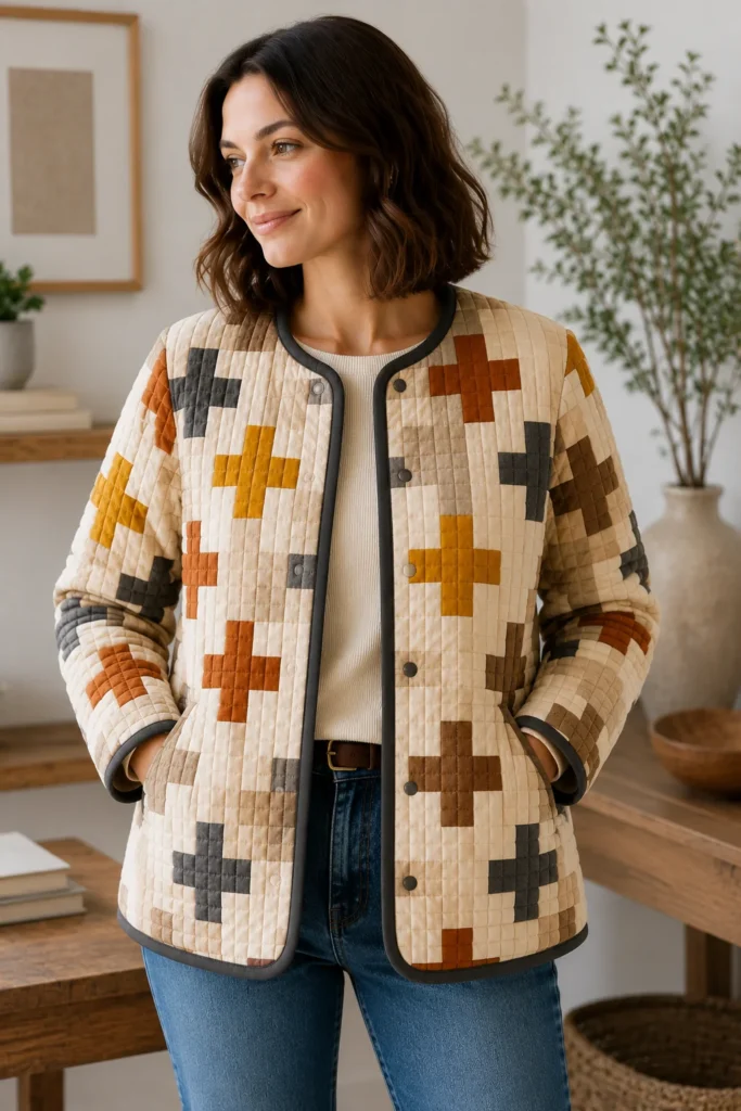 Nordic Cross Patchwork Quilted Jacket for Bold Graphic Style