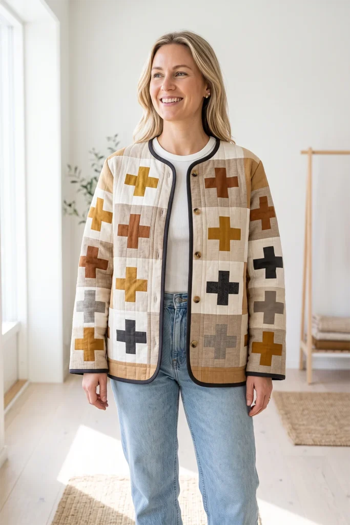Nordic Cross Patchwork Quilted Jacket for Bold Graphic Style