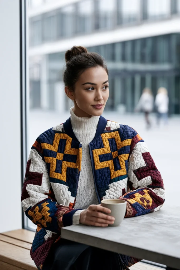 Nordic Cross Patchwork Quilted Jacket for Bold Graphic Style