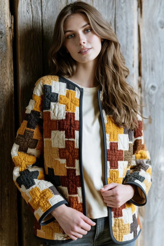 Nordic Cross Patchwork Quilted Jacket for Bold Graphic Style