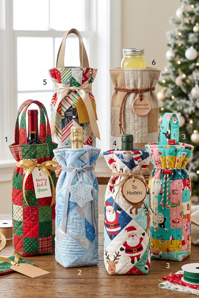 Quilted Wine Bottle Gift Bags for Holiday Hosts