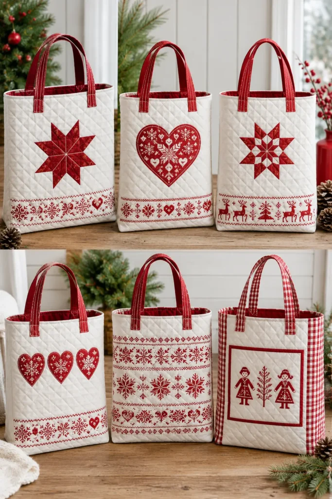 Scandinavian-Inspired Quilted Gift Bags in Red and White